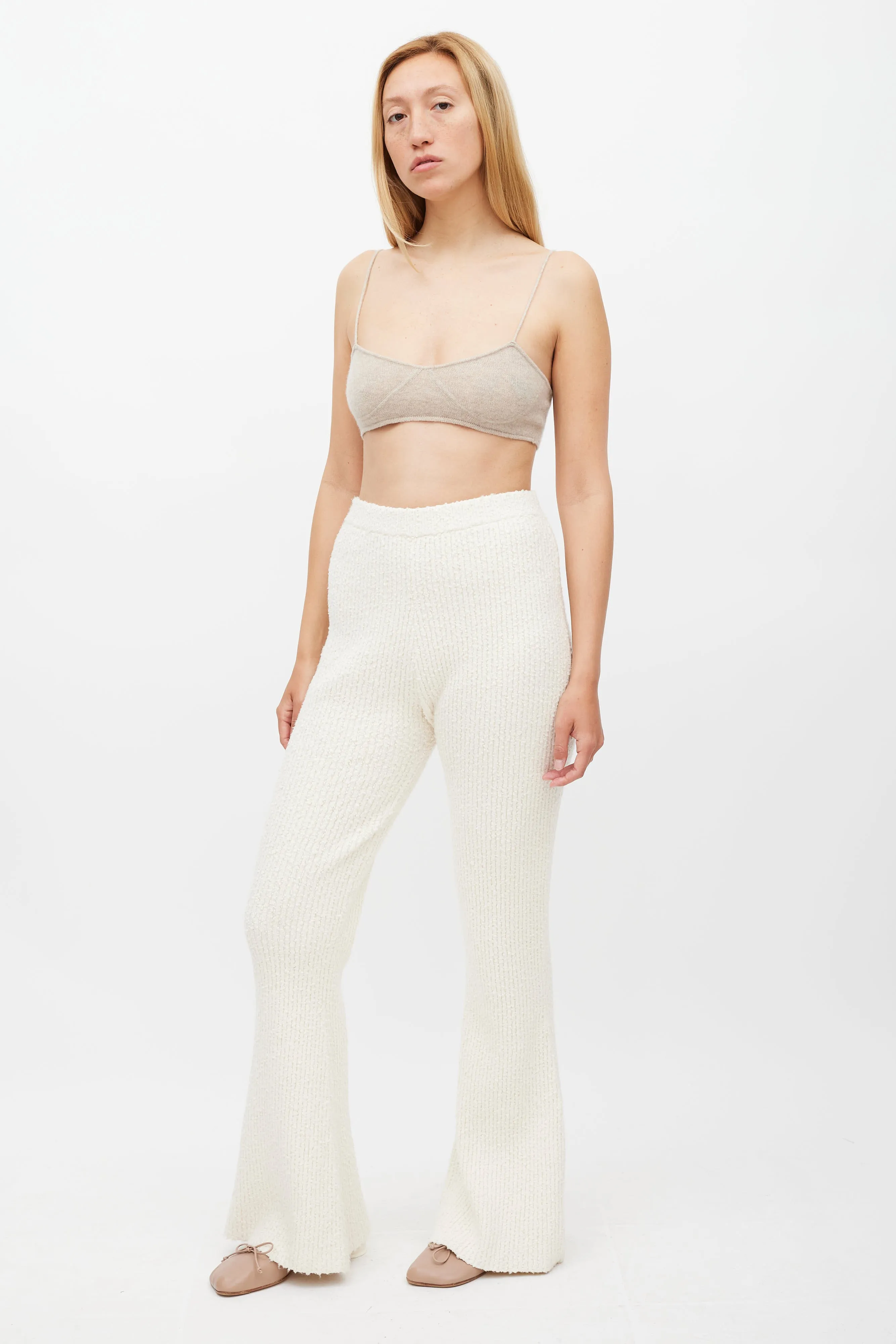 Cream Boucle Knit Flared Pant