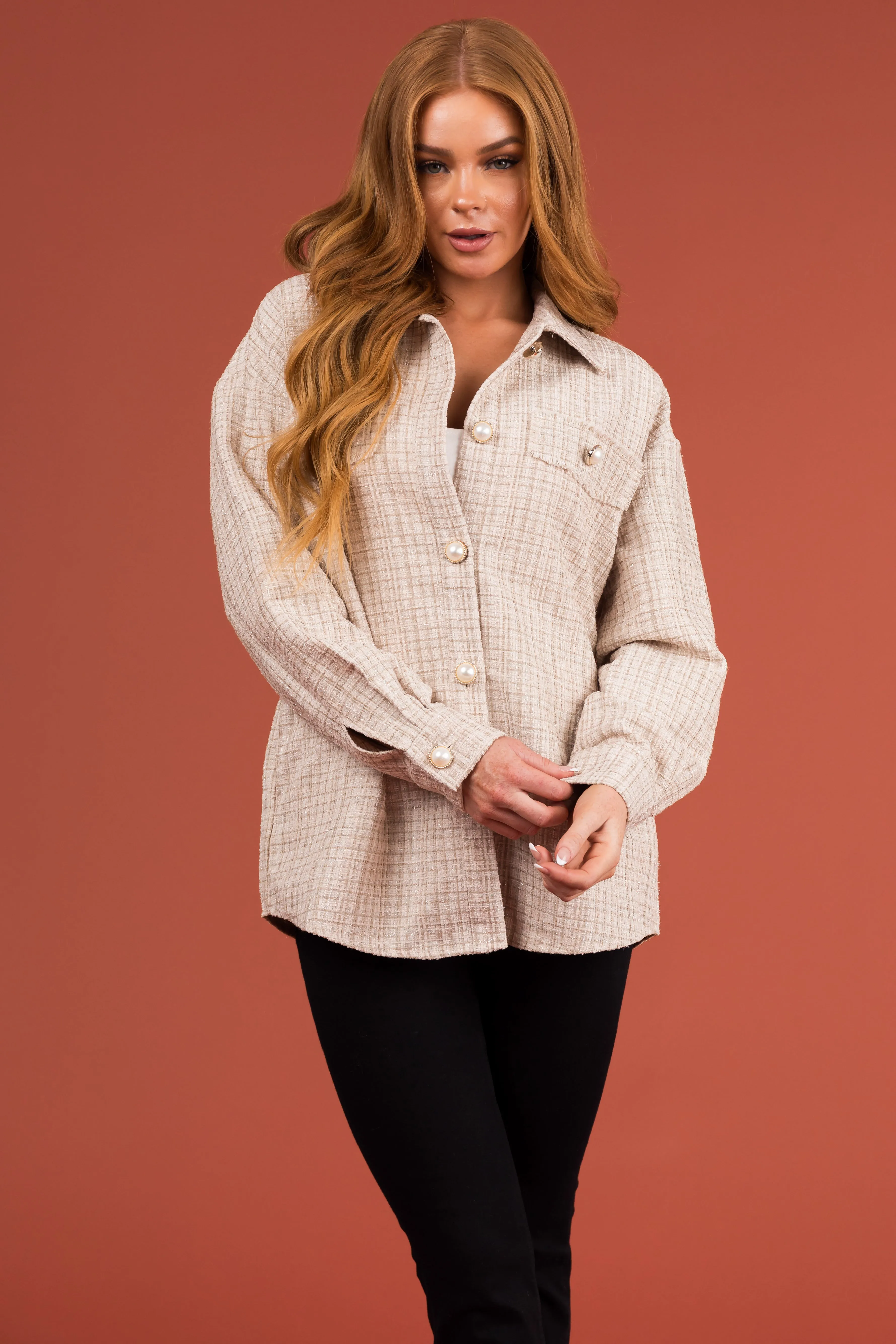 Cream Long Sleeve Tweed Pearl Buttoned Shacket