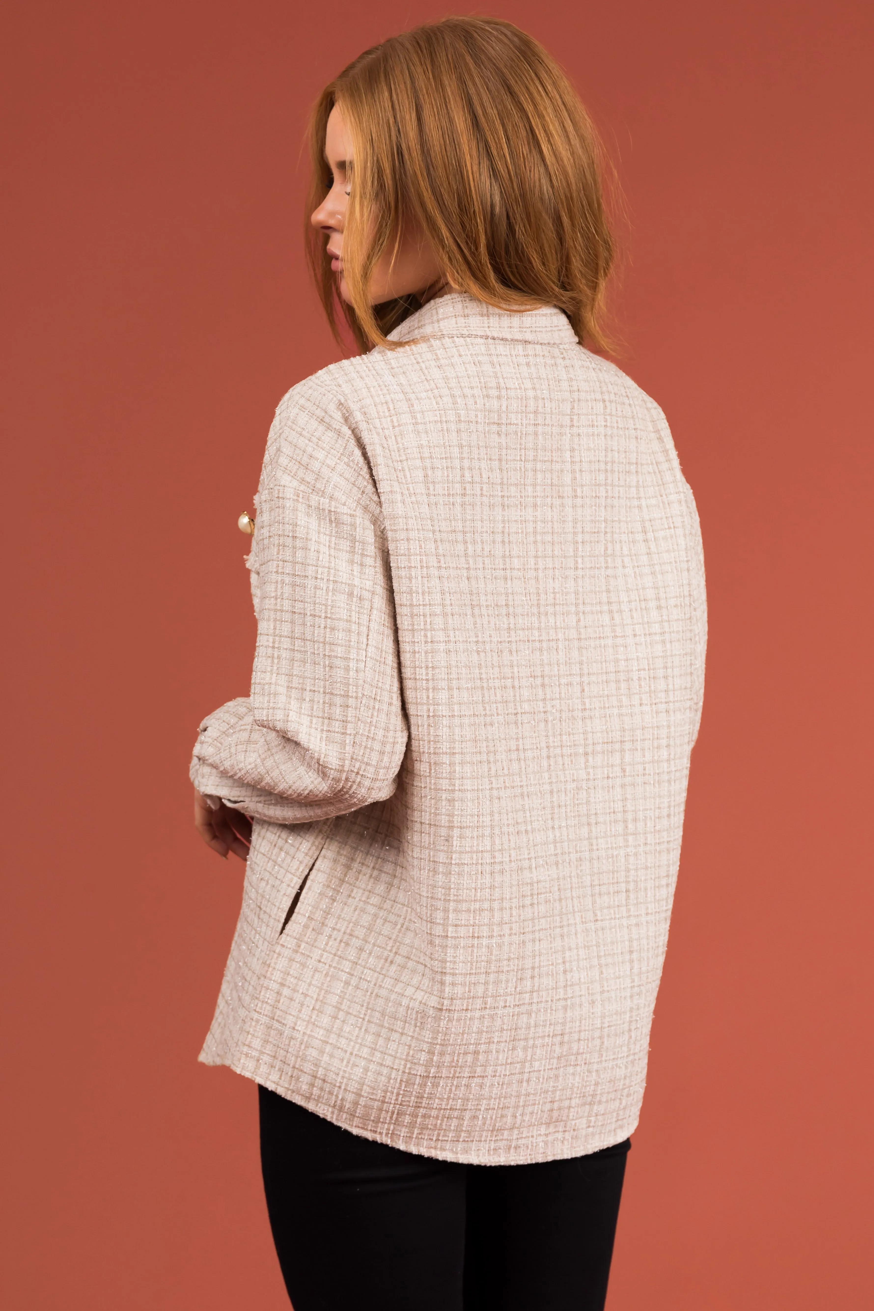 Cream Long Sleeve Tweed Pearl Buttoned Shacket