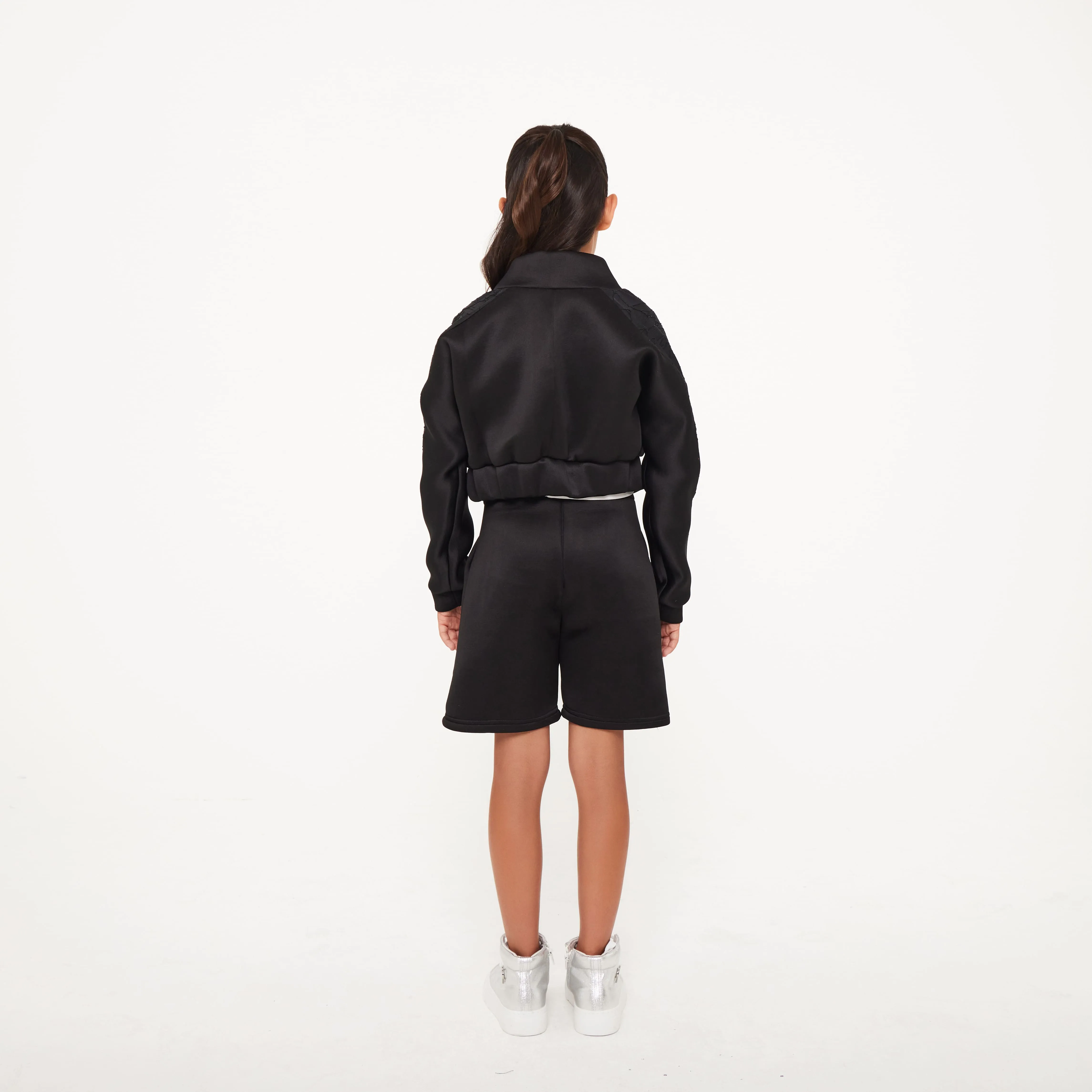 Cropped Neoprene Varsity Jacket with Jacquard Contrast