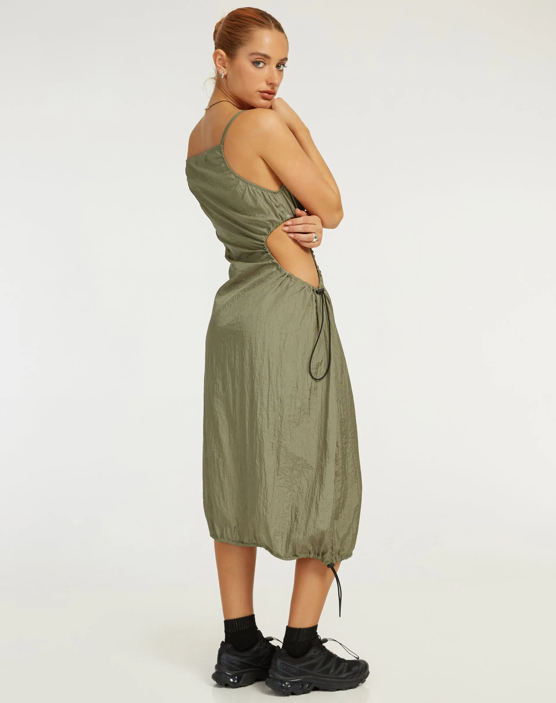 Daichi Cut Out Midi Dress in Silver Green