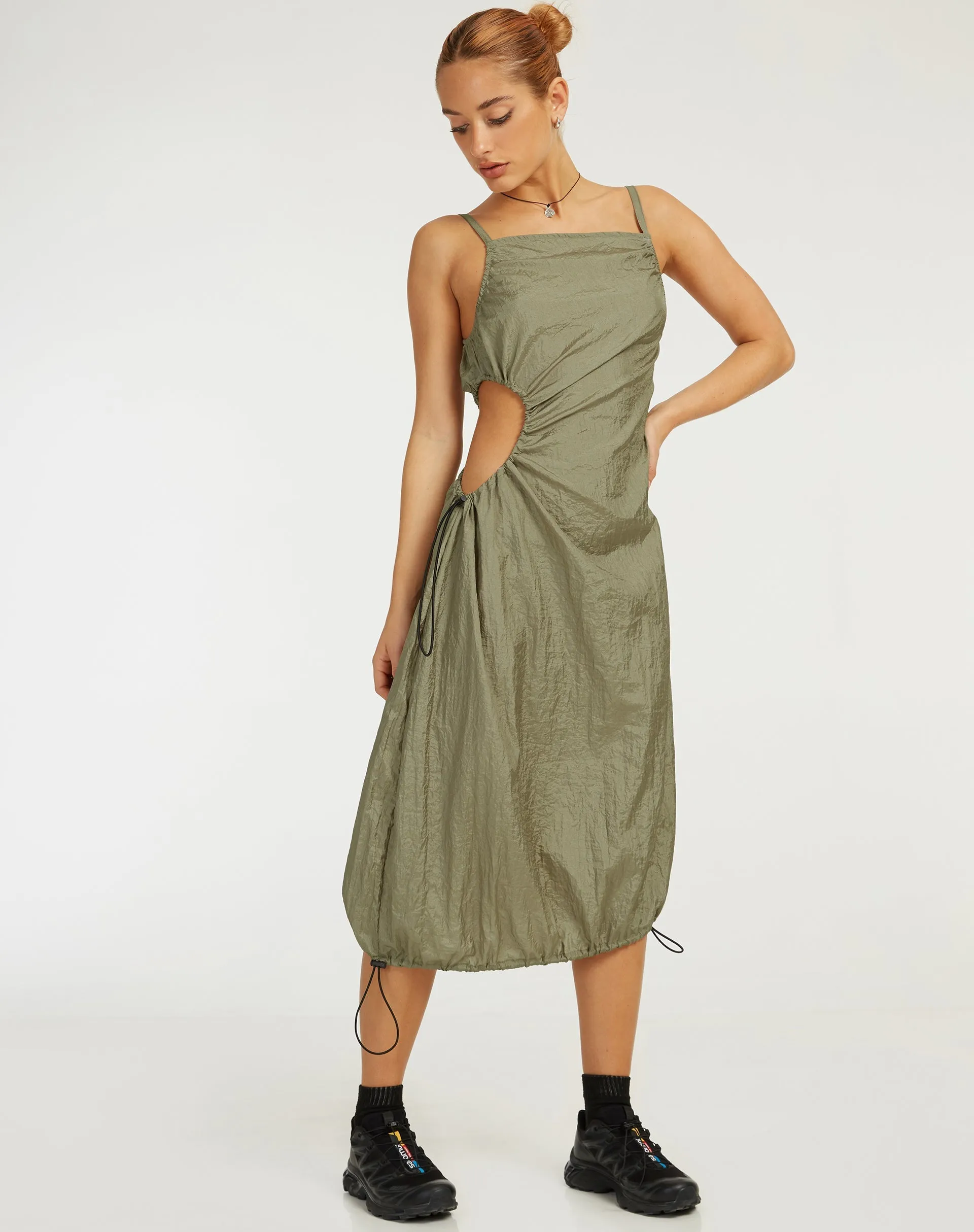 Daichi Cut Out Midi Dress in Silver Green