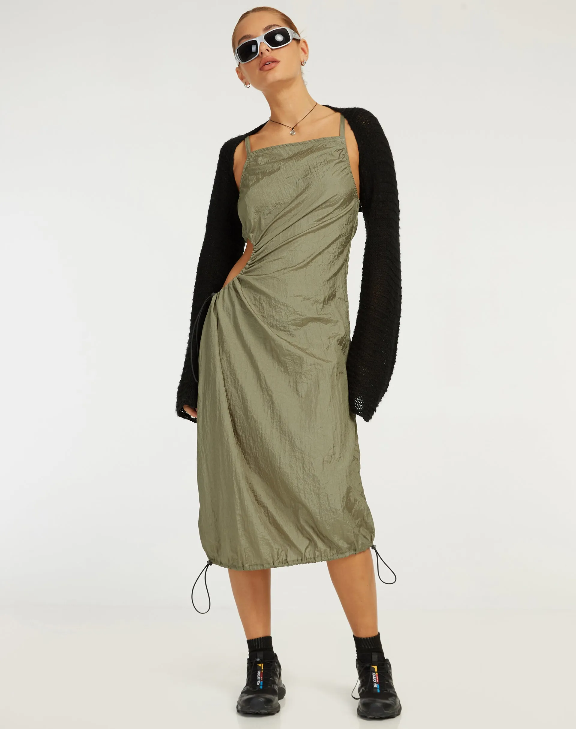 Daichi Cut Out Midi Dress in Silver Green