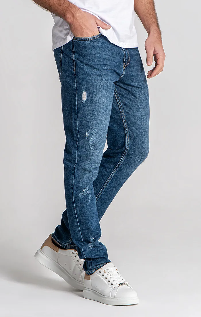 Dark Blue Ripped Straight-Leg Jeans