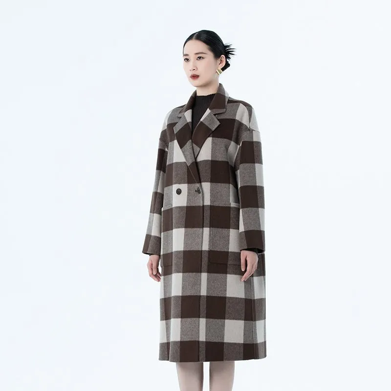 Dark Brown Grid Pattern Long Wool Coats with Scarf