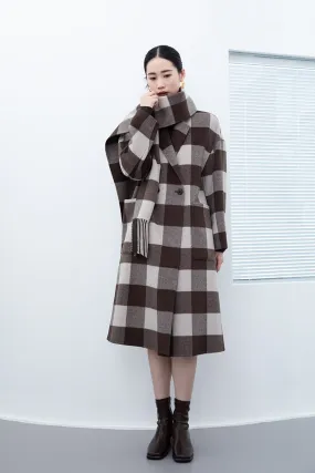 Dark Brown Grid Pattern Long Wool Coats with Scarf