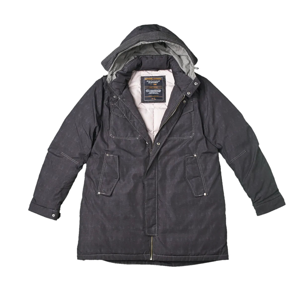 Denim-Like Down Jacket with Jersey Hood