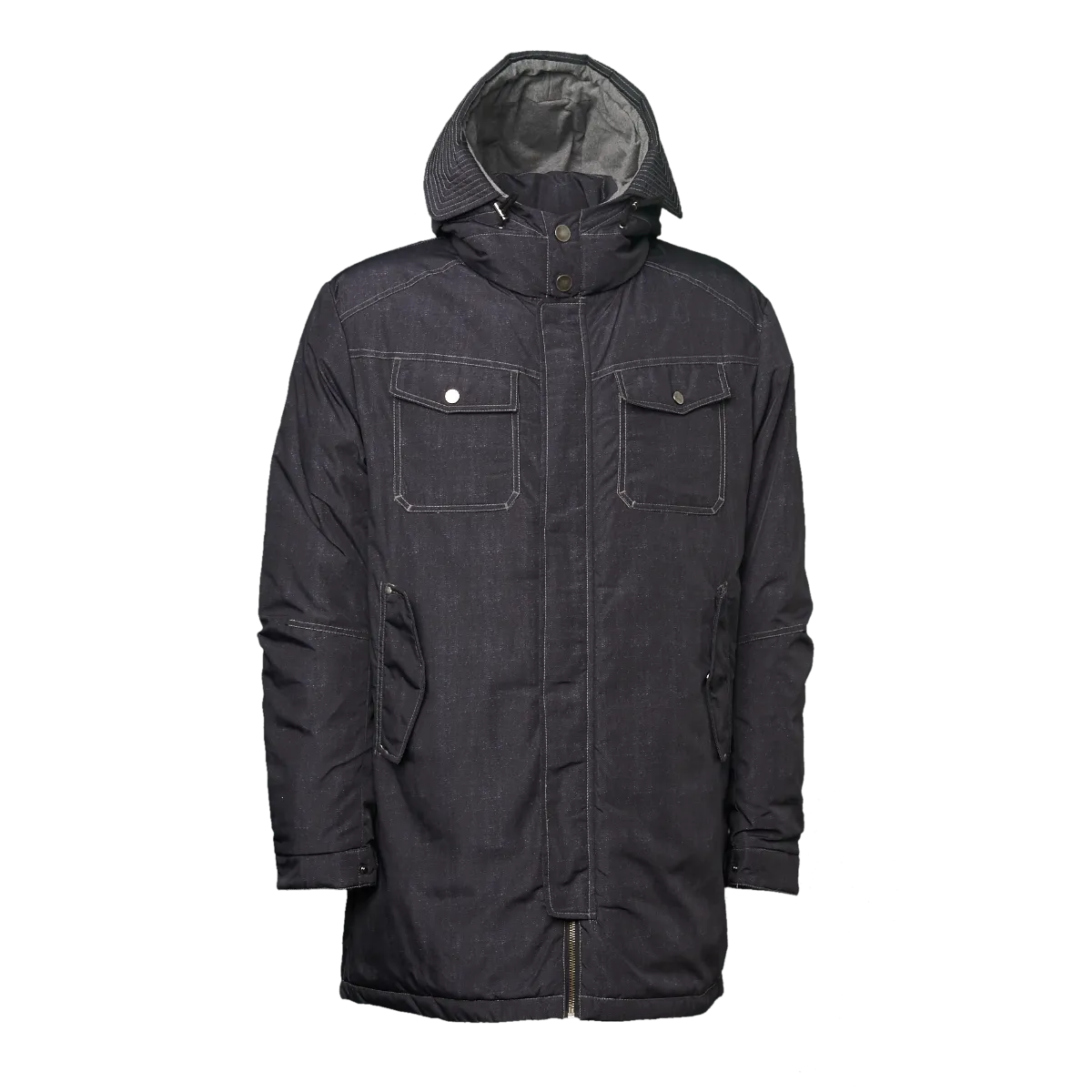 Denim-Like Down Jacket with Jersey Hood