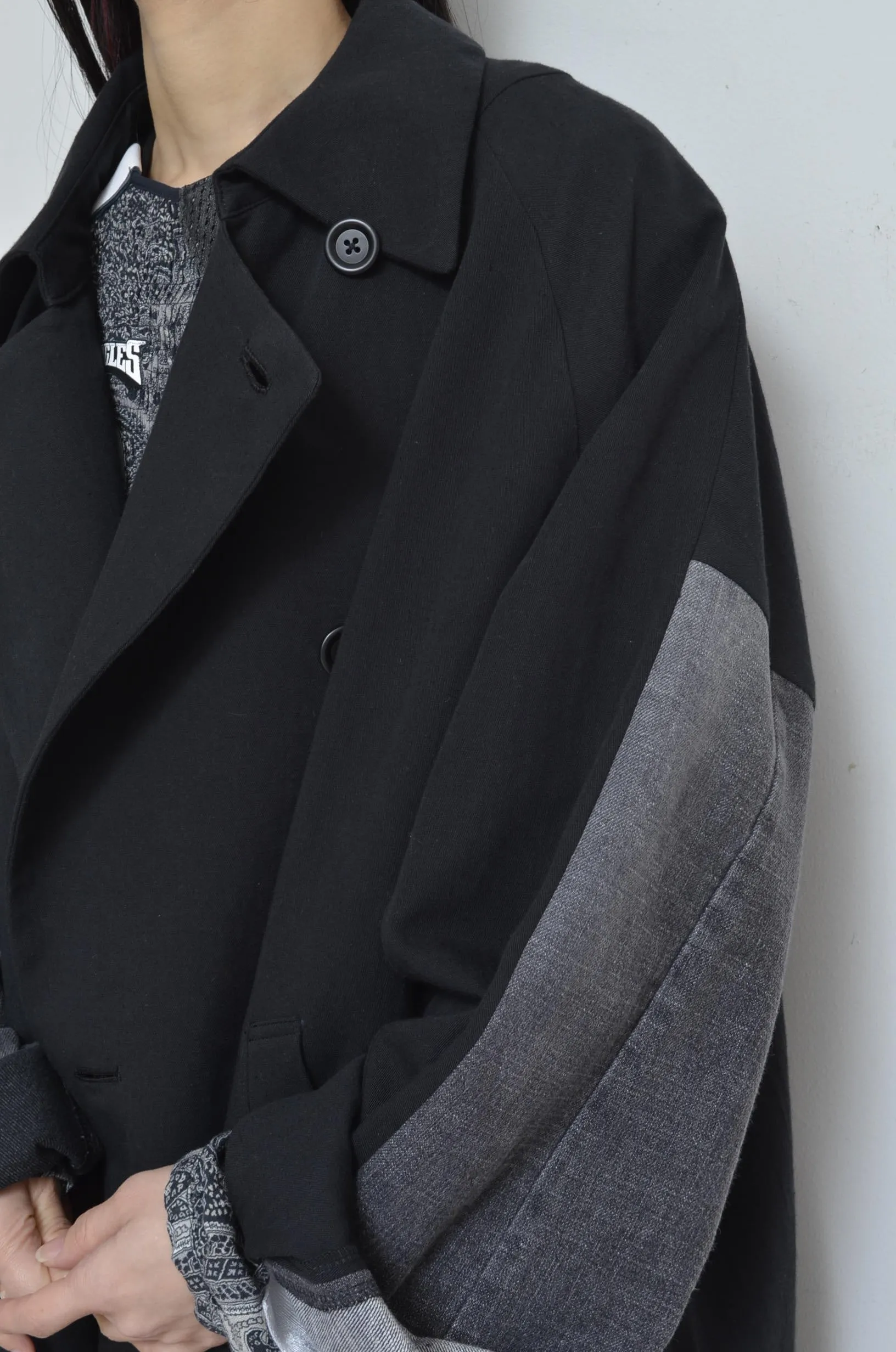 DENIM SLEEVE TRENCH COAT/BLK/02