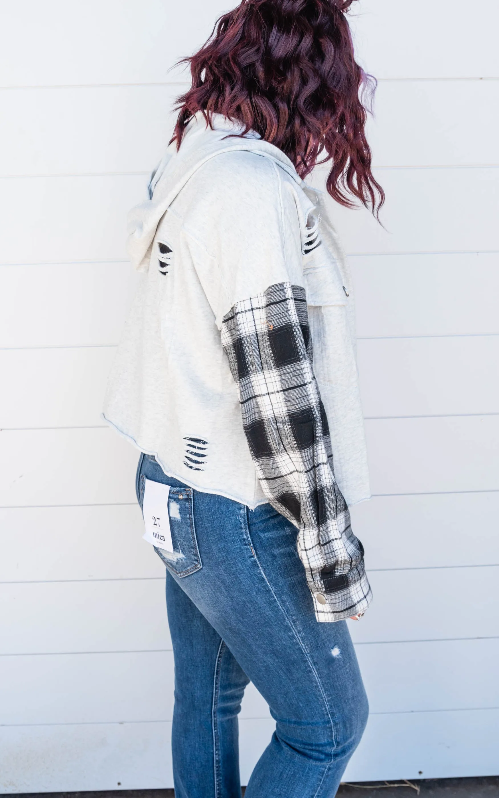 Distressed Colorblock Plaid Hooded Shacket