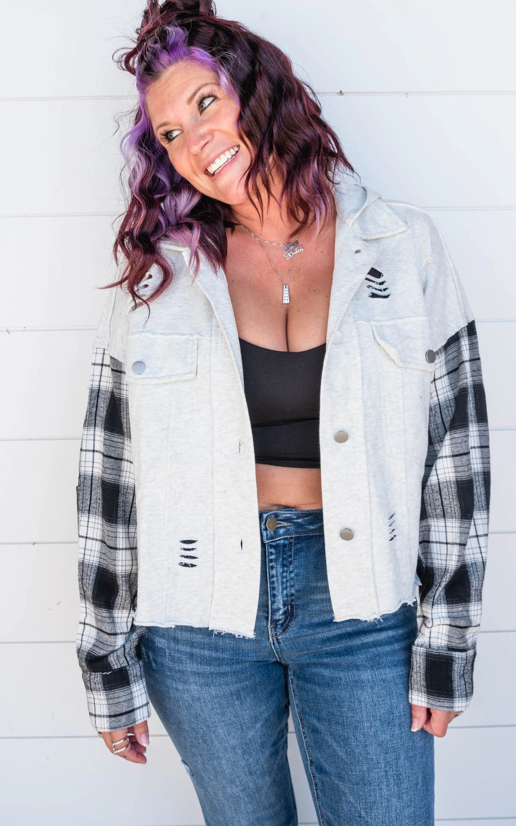 Distressed Colorblock Plaid Hooded Shacket