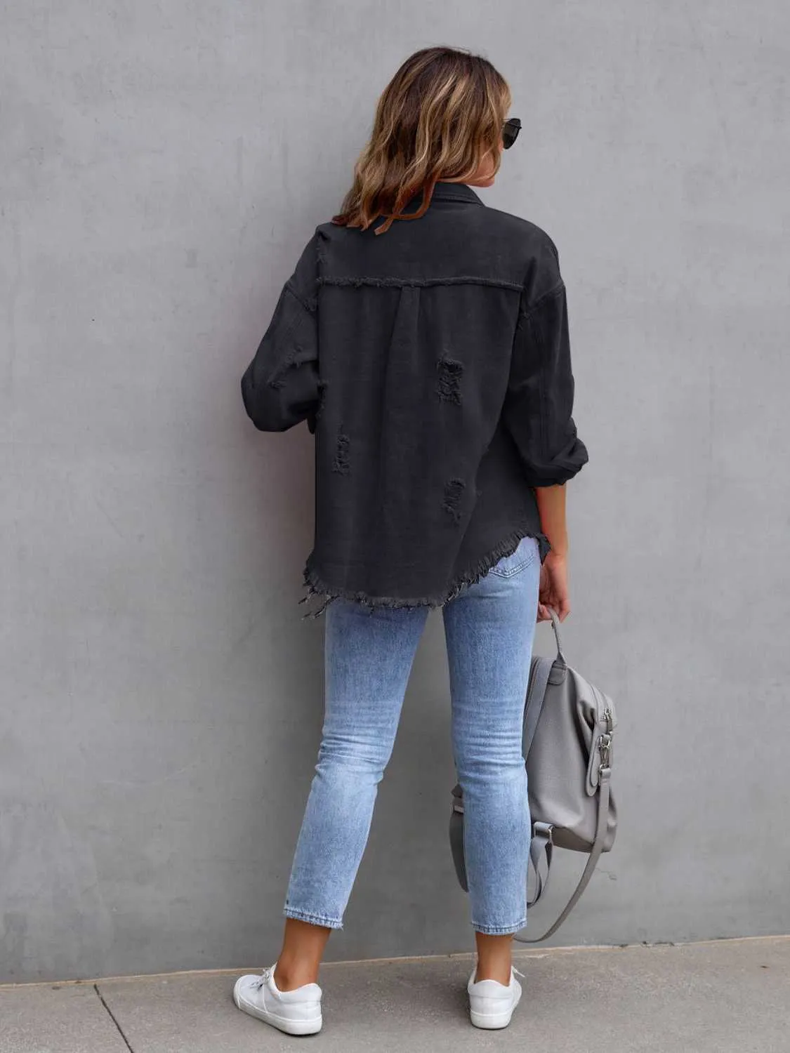 Distressed Drop Shoulder Cotton Denim Shacket - 8 colors