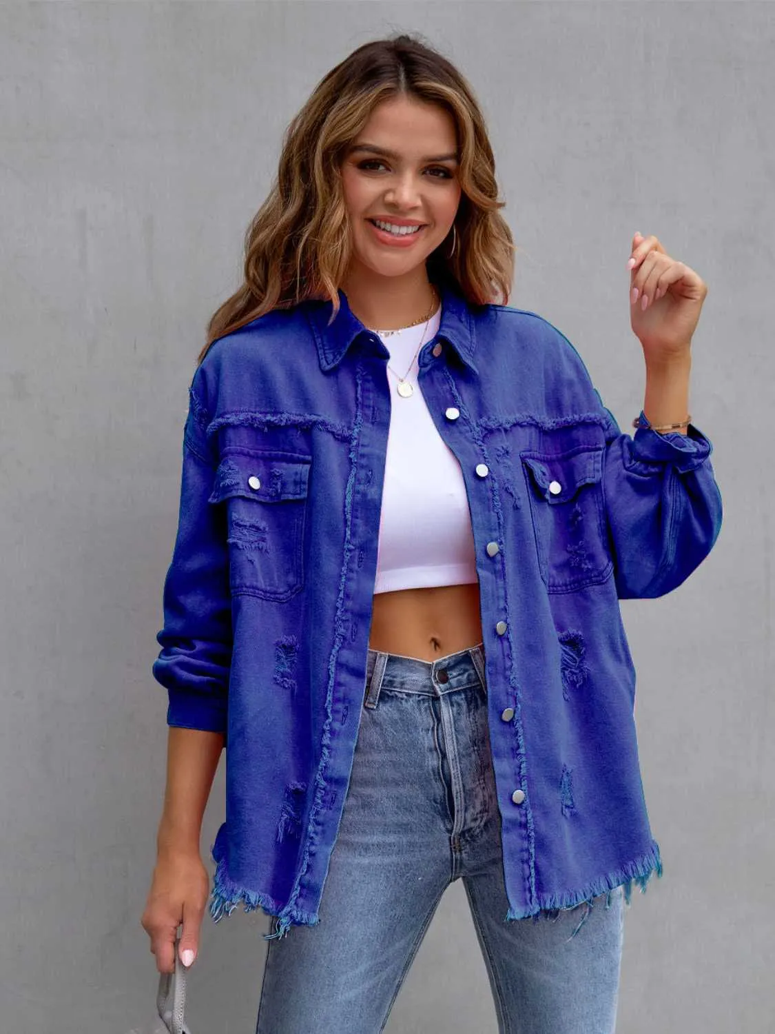 Distressed Drop Shoulder Cotton Denim Shacket - 8 colors