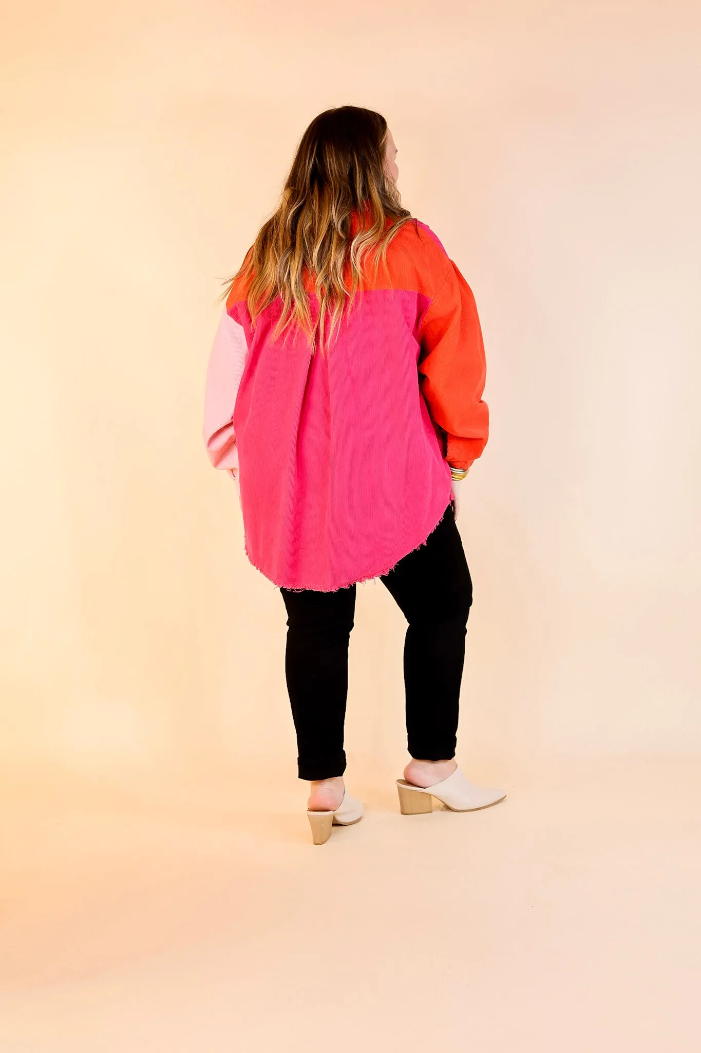 Down The Street Color Block Corduroy Jacket in Pink and Red