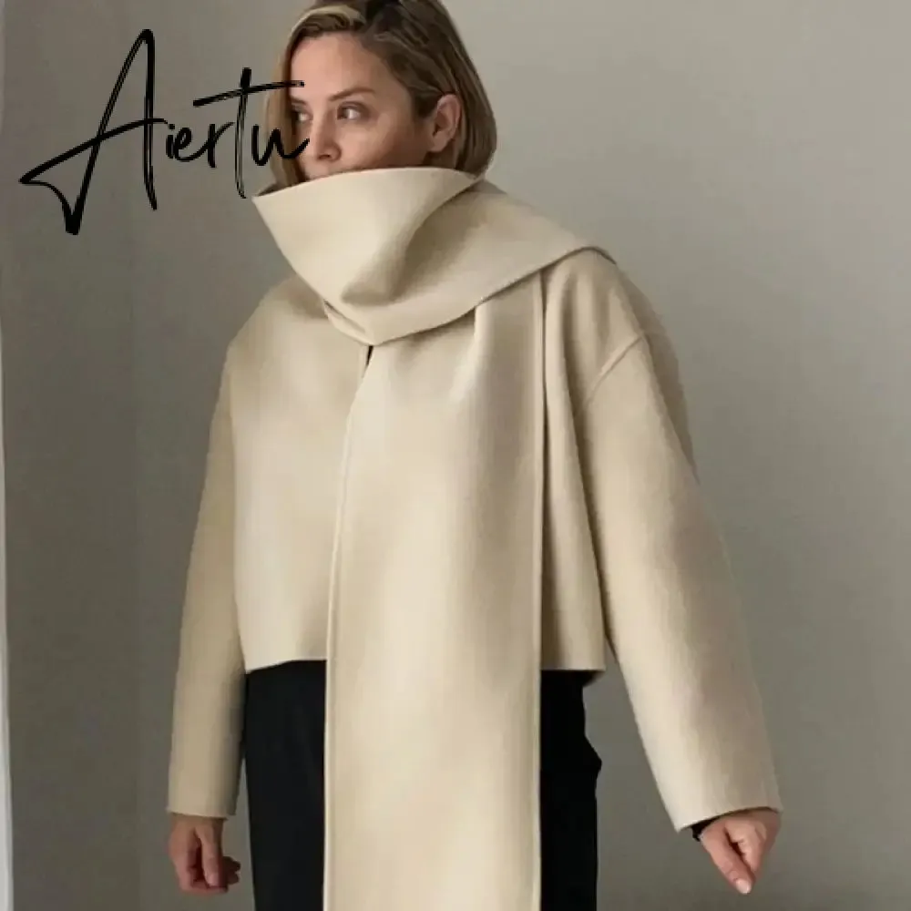 Elegant Woolen Trench Scarf Collar Coat Women Fashion Vintage Windbreakers Jacket Winter Loose Single Breasted Warm Outerwear