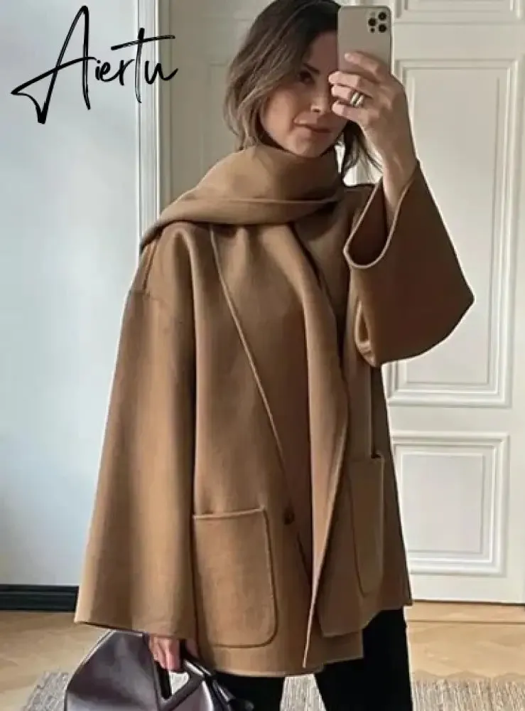 Elegant Woolen Trench Scarf Collar Coat Women Fashion Vintage Windbreakers Jacket Winter Loose Single Breasted Warm Outerwear