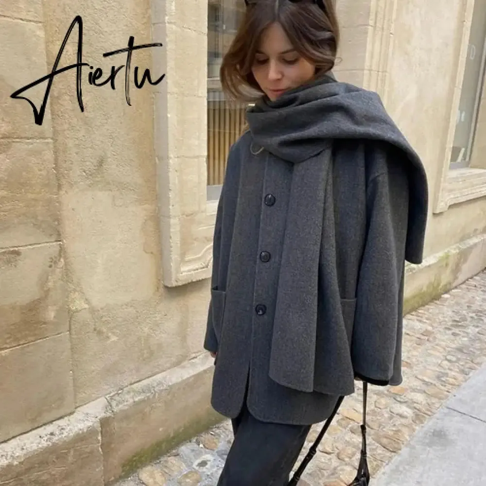 Elegant Woolen Trench Scarf Collar Coat Women Fashion Vintage Windbreakers Jacket Winter Loose Single Breasted Warm Outerwear