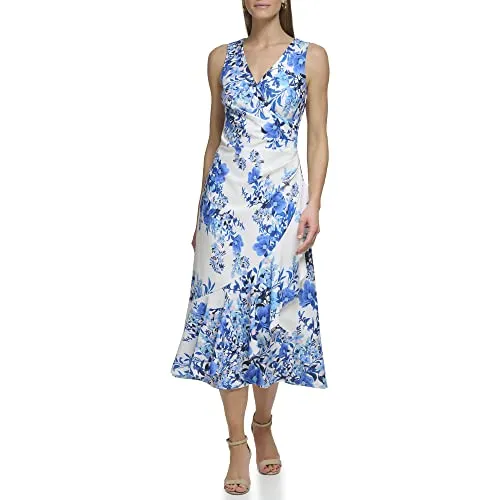 Eliza J Women's Plus Midi Style Printed Knit Sleeveless Vneck Floral Dress, Ivory Multi