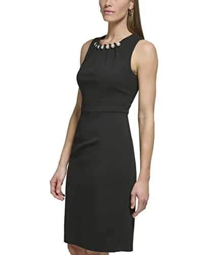 Eliza J Women's Style with Pearl Neckline Knit Sleeveless Crewneck Dress, Black