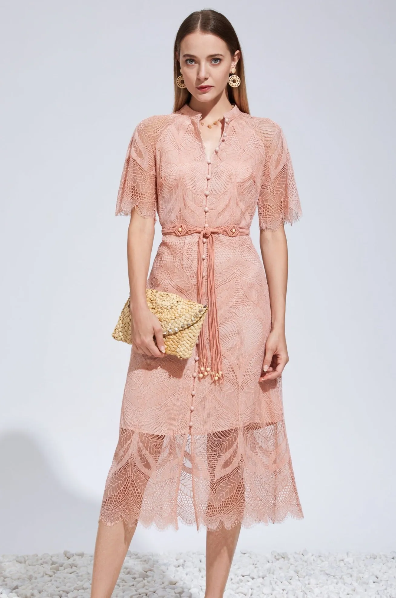 Ella Lace Midi Dress - Salmon Pink