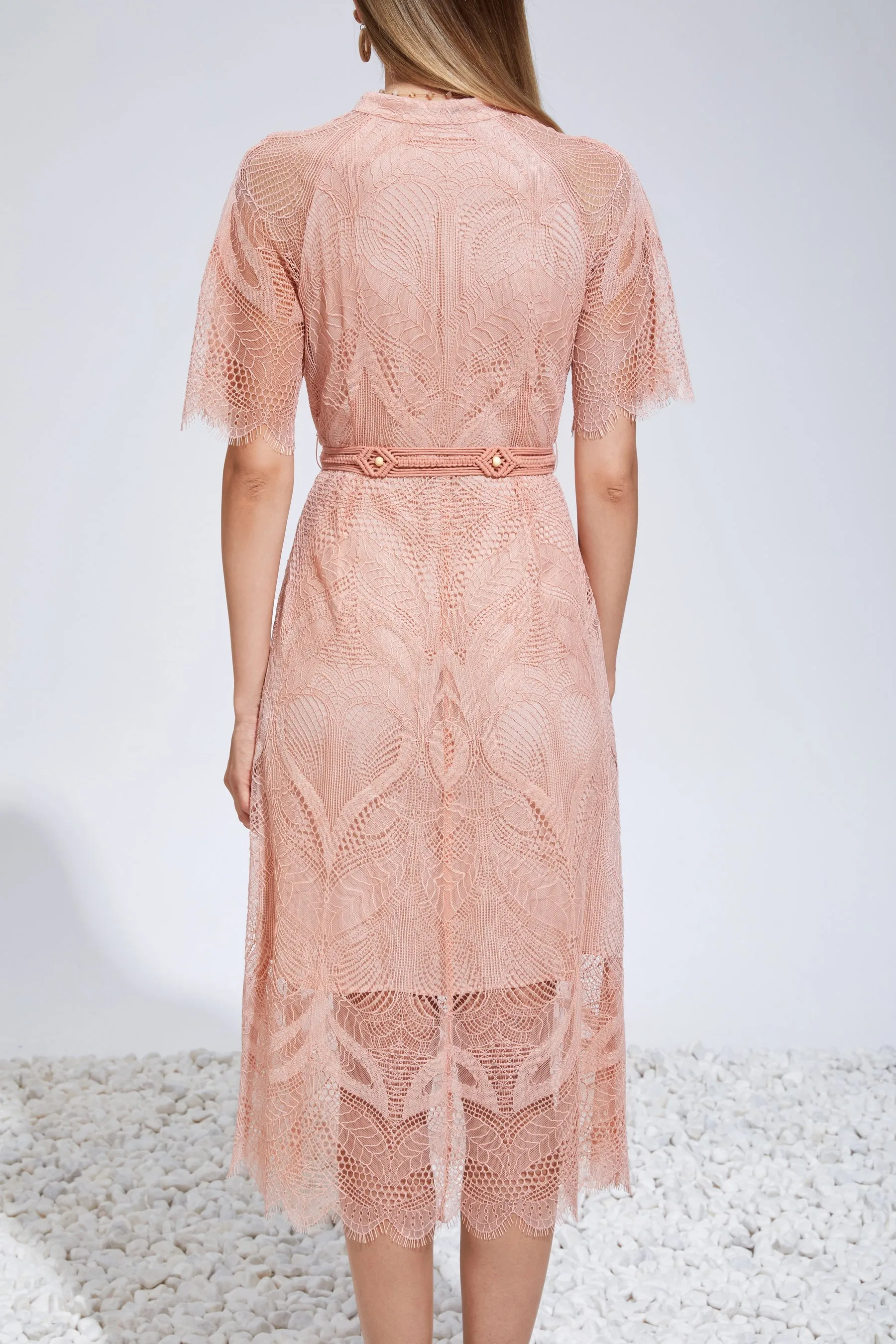 Ella Lace Midi Dress - Salmon Pink