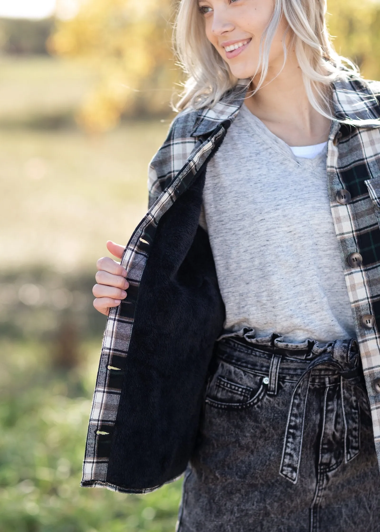 Faux Fur Lined Plaid Button Down Shacket-FINAL SALE