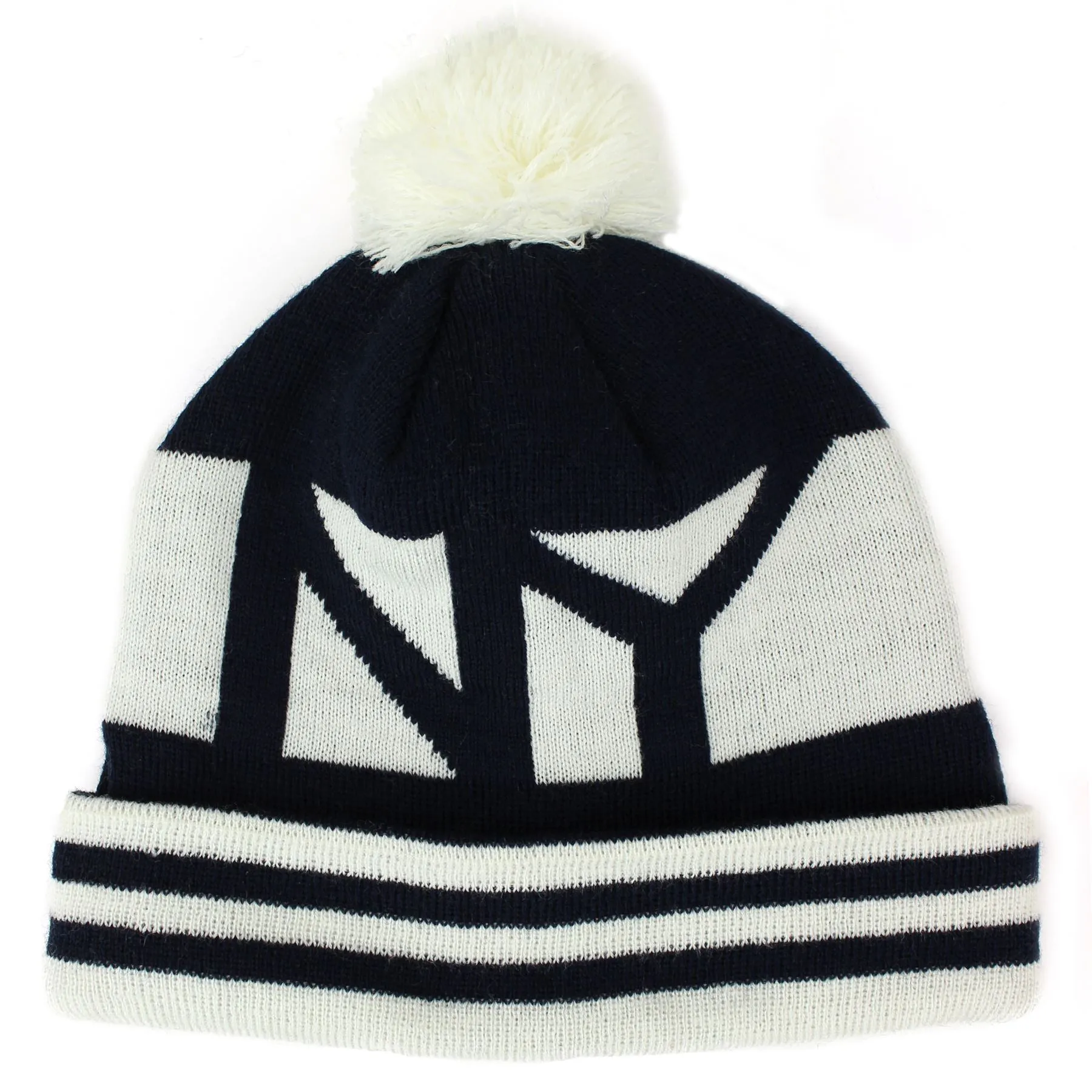 Fine knit striped bobble beanie hat with turn up - Black NY