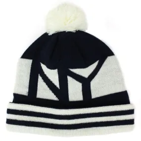 Fine knit striped bobble beanie hat with turn up - Black NY