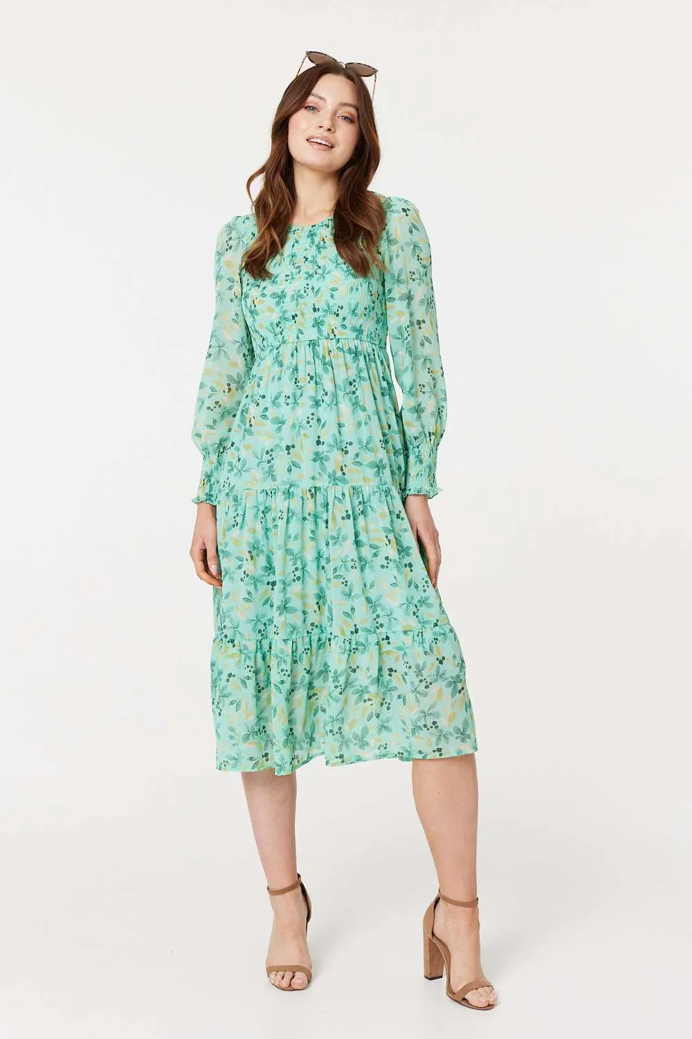 Floral Long Sleeve Midi Smock Dress