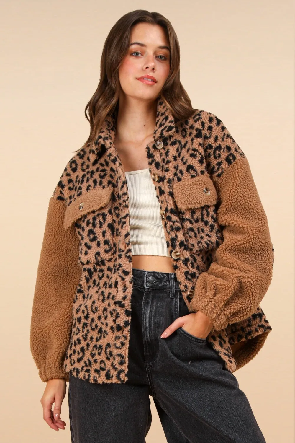 Fuzzy Leopard Button Down Long Sleeve Jacket