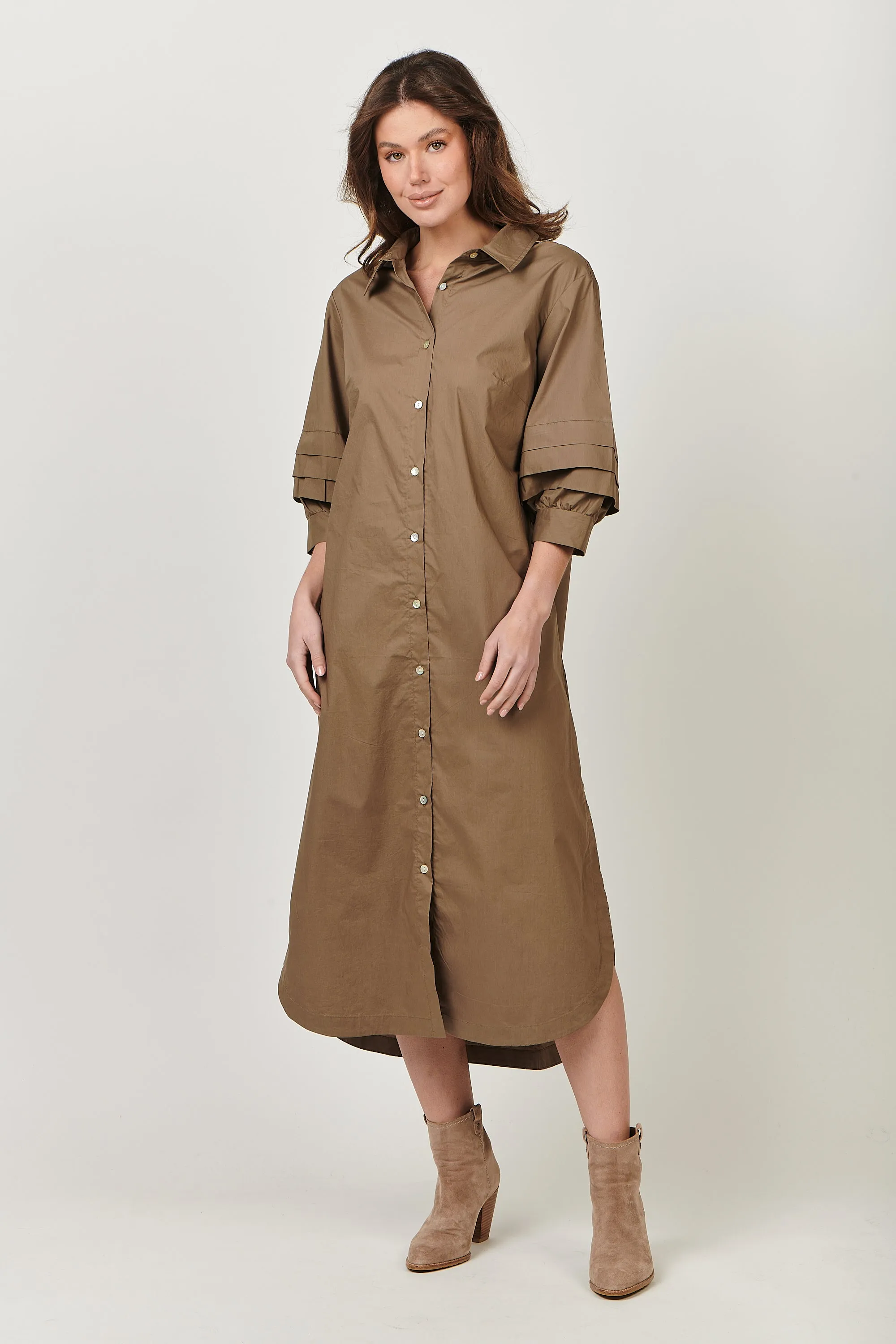 GA488 Shift Midi Dress in Khaki Poplin