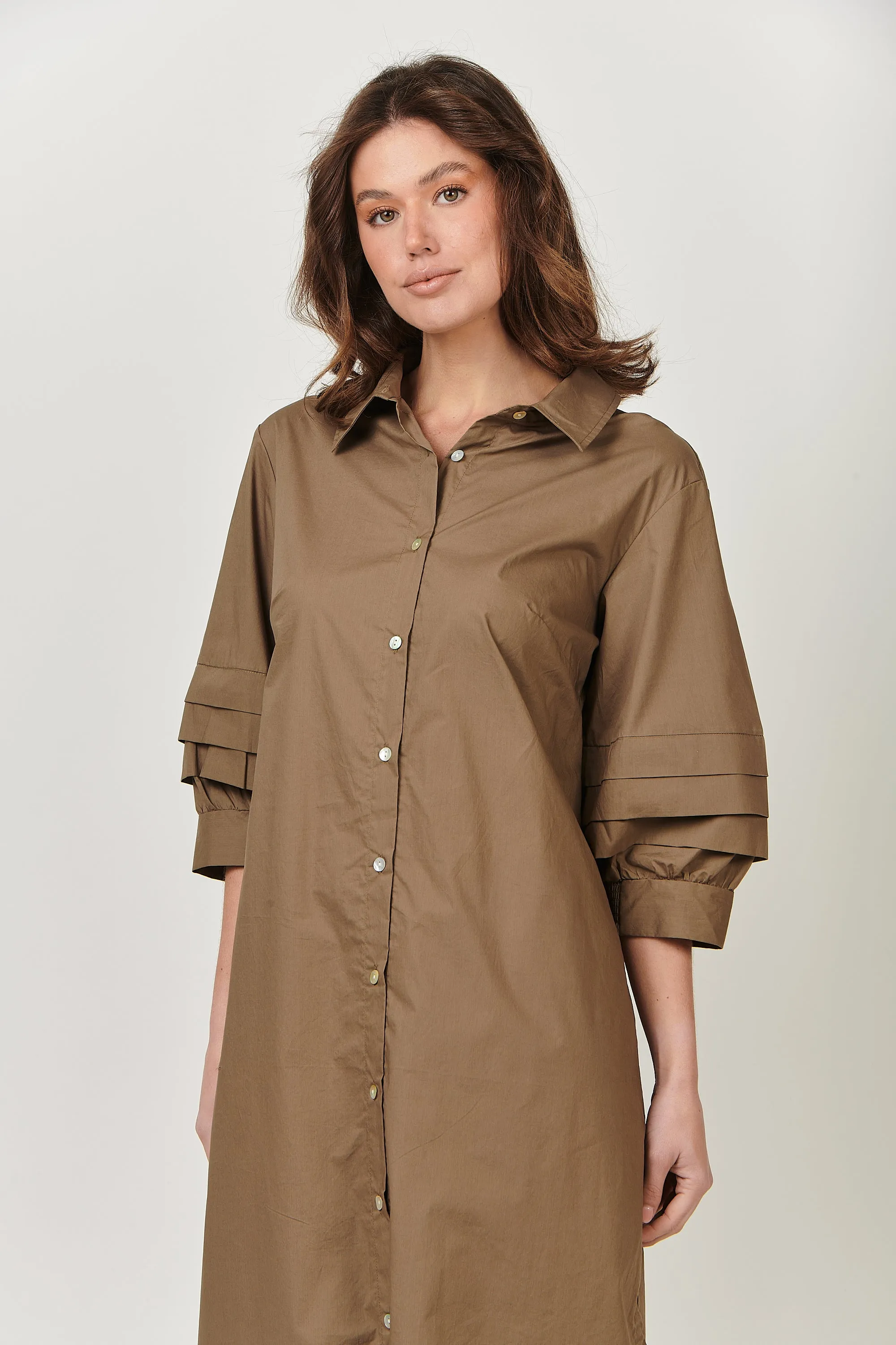 GA488 Shift Midi Dress in Khaki Poplin