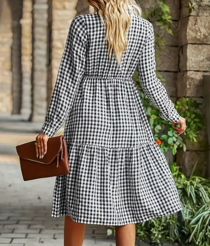 Gingham Print Button Front Midi Dress