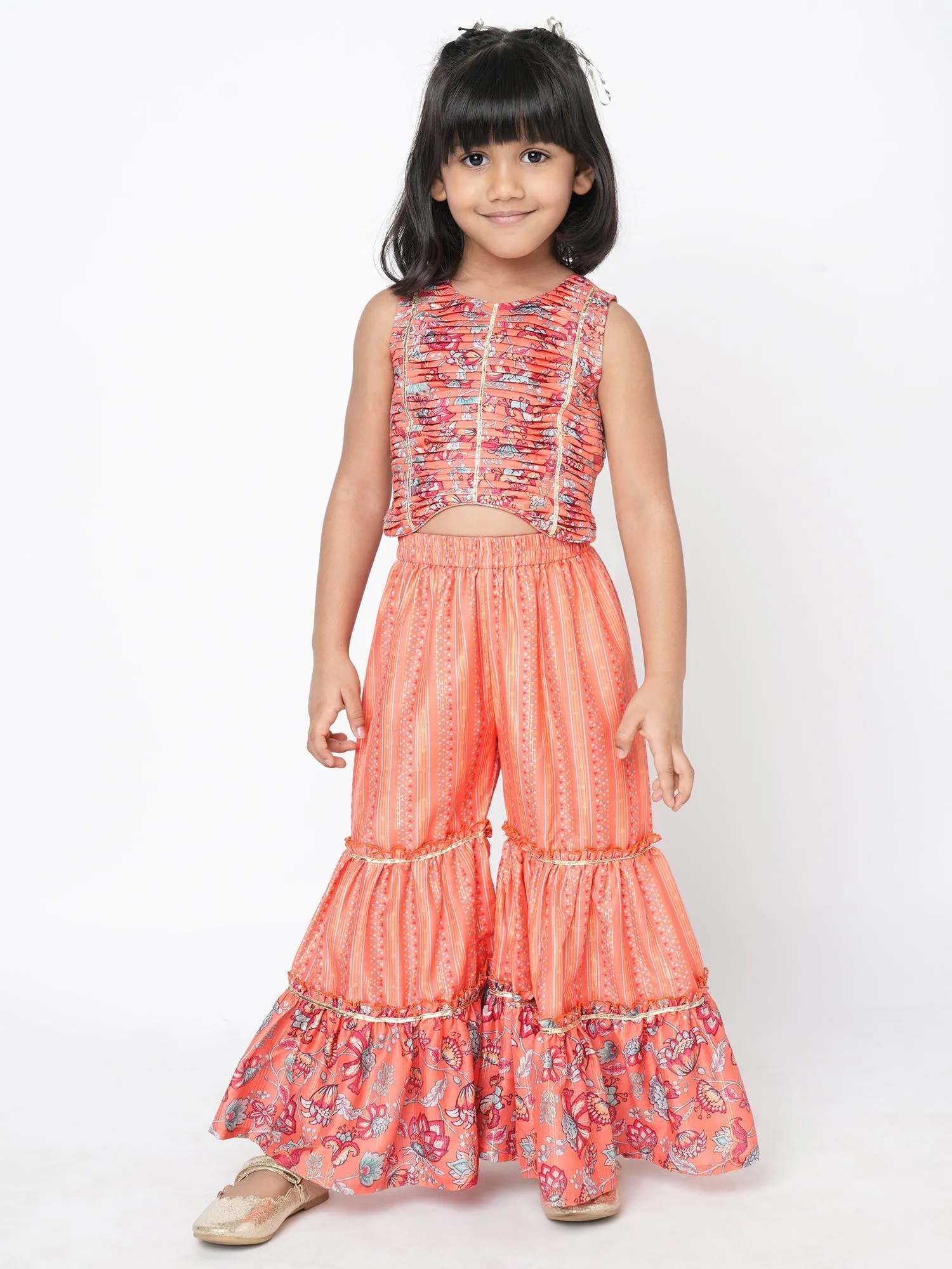 Girls Golden Weaves Orange Crop Top With Palazzo Co-Ordinate Set - Lil Drama