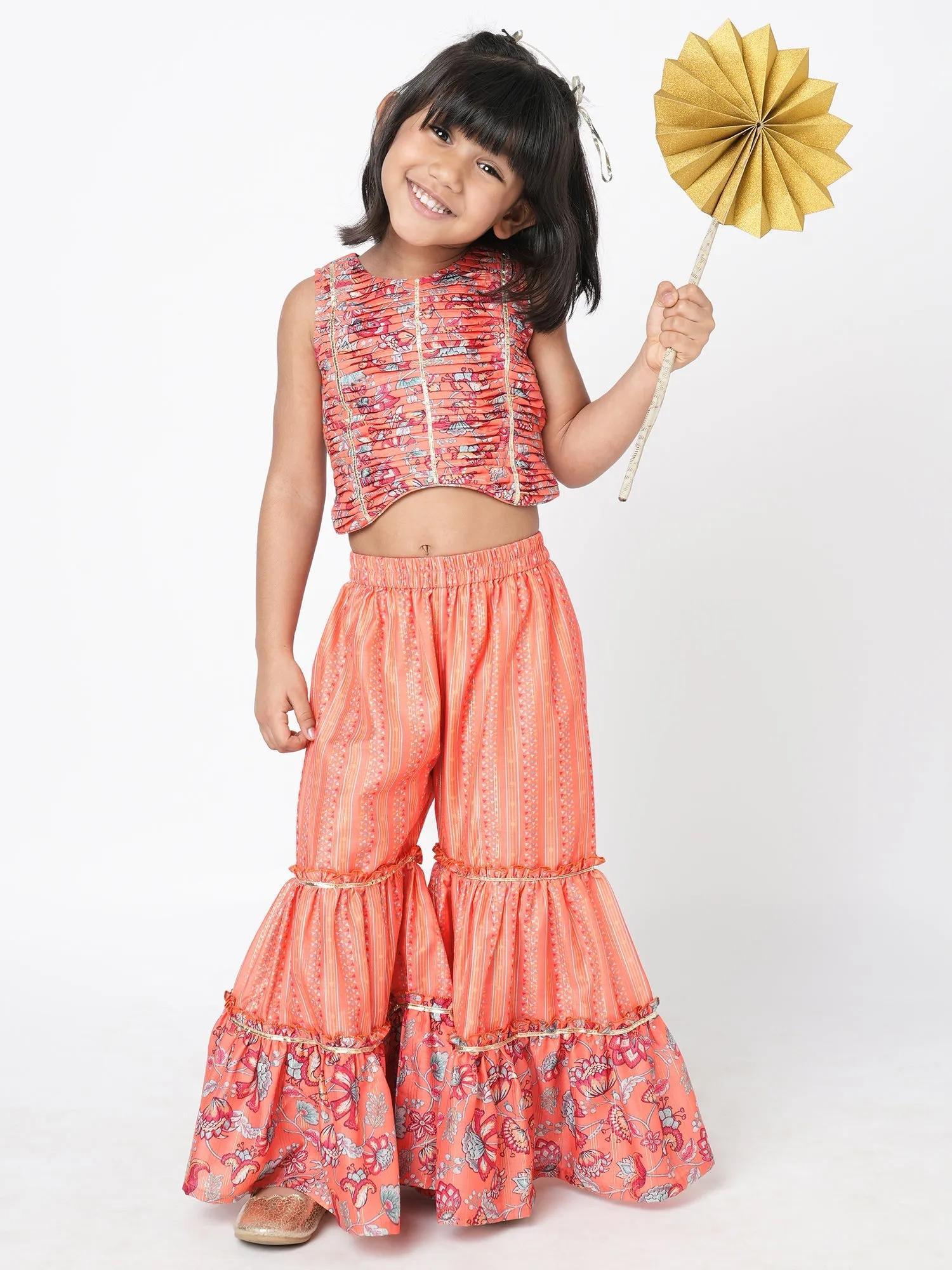 Girls Golden Weaves Orange Crop Top With Palazzo Co-Ordinate Set - Lil Drama