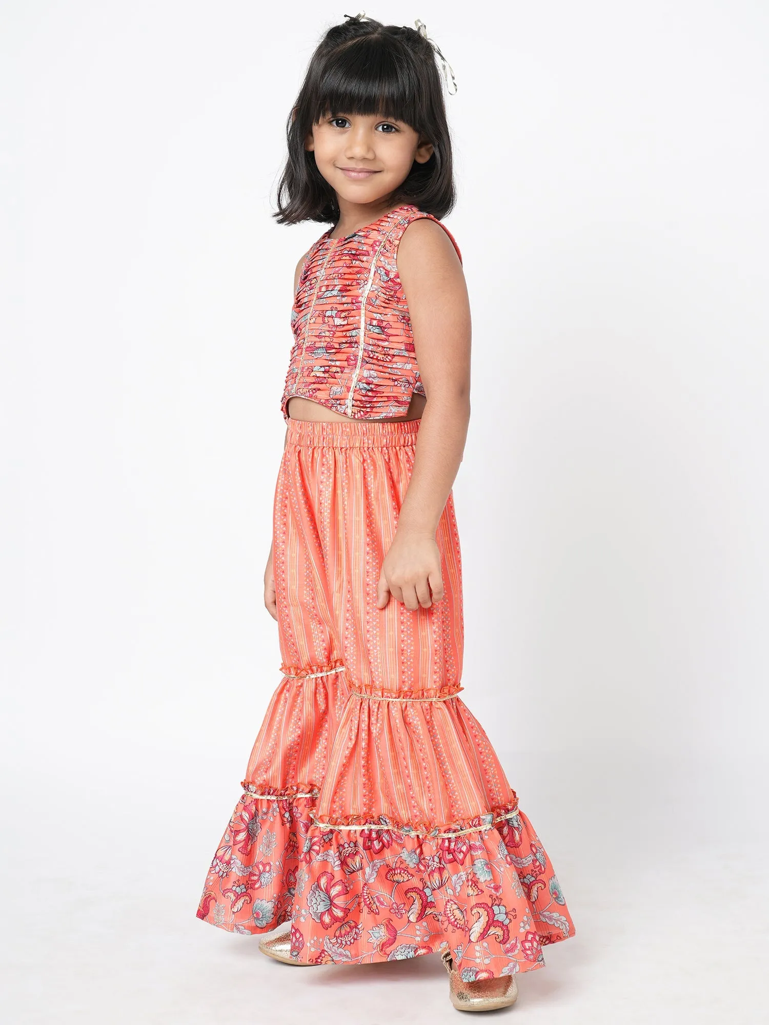 Girls Golden Weaves Orange Crop Top With Palazzo Co-Ordinate Set - Lil Drama