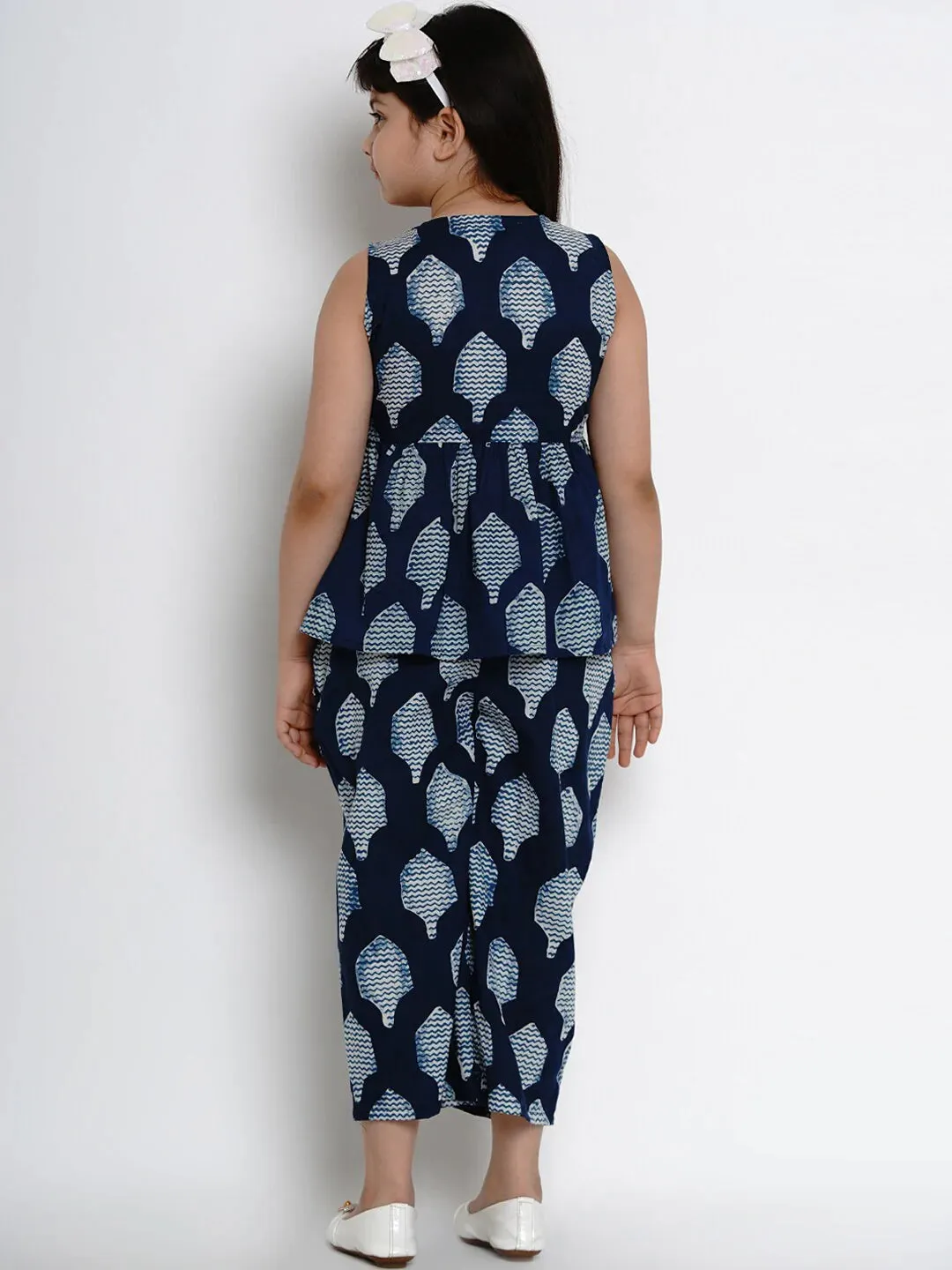 Girls Navy Blue Printed Kurta With Dhoti Pants