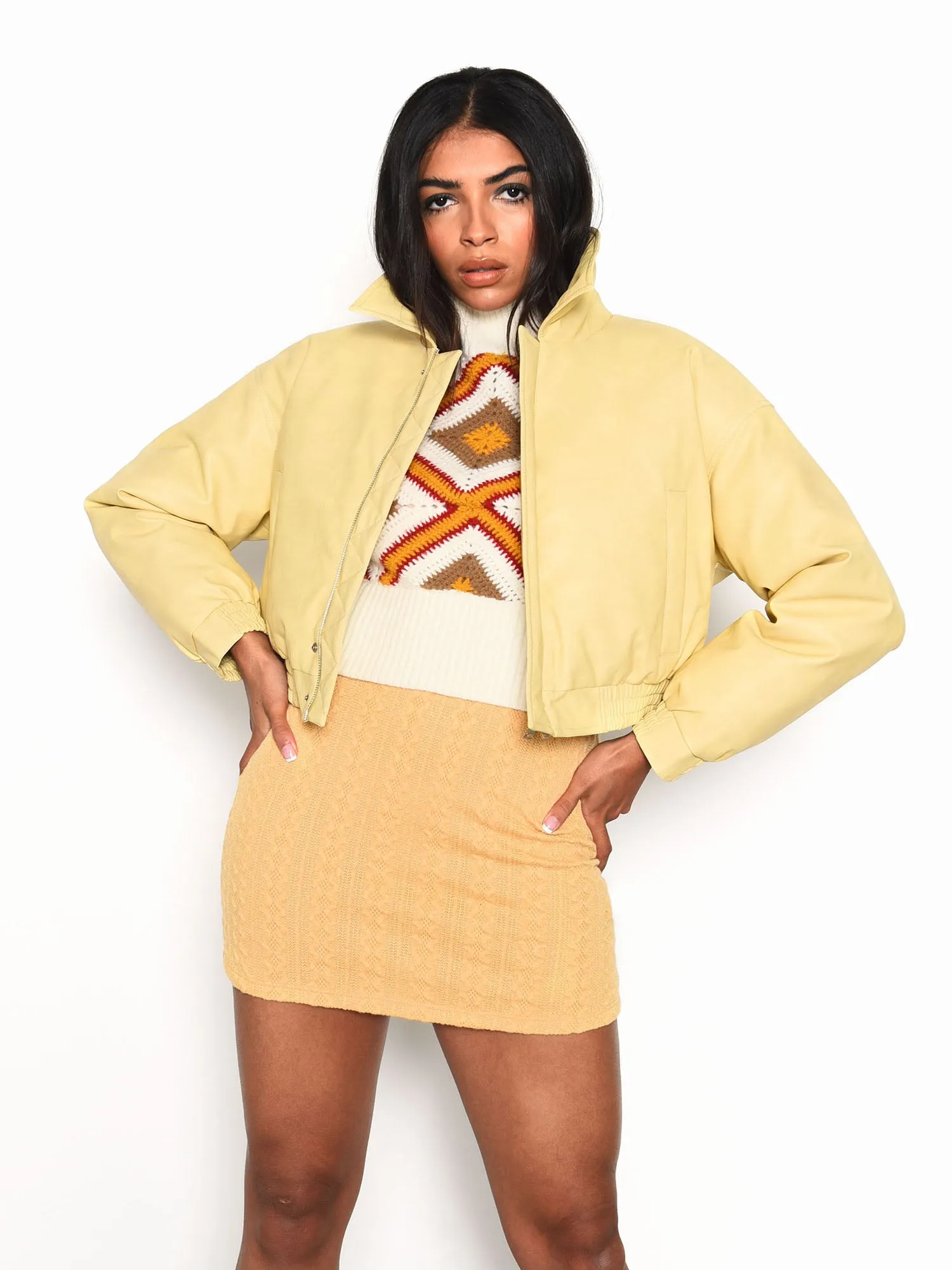 Glamorous Yellow Cropped Faux Leather Jacket