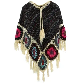 Granny Squares Crochet Poncho Short - Black Multi/Cream