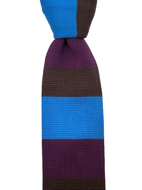 Grape Purple, Brown and Light Blue Thick Striped Knit Tie