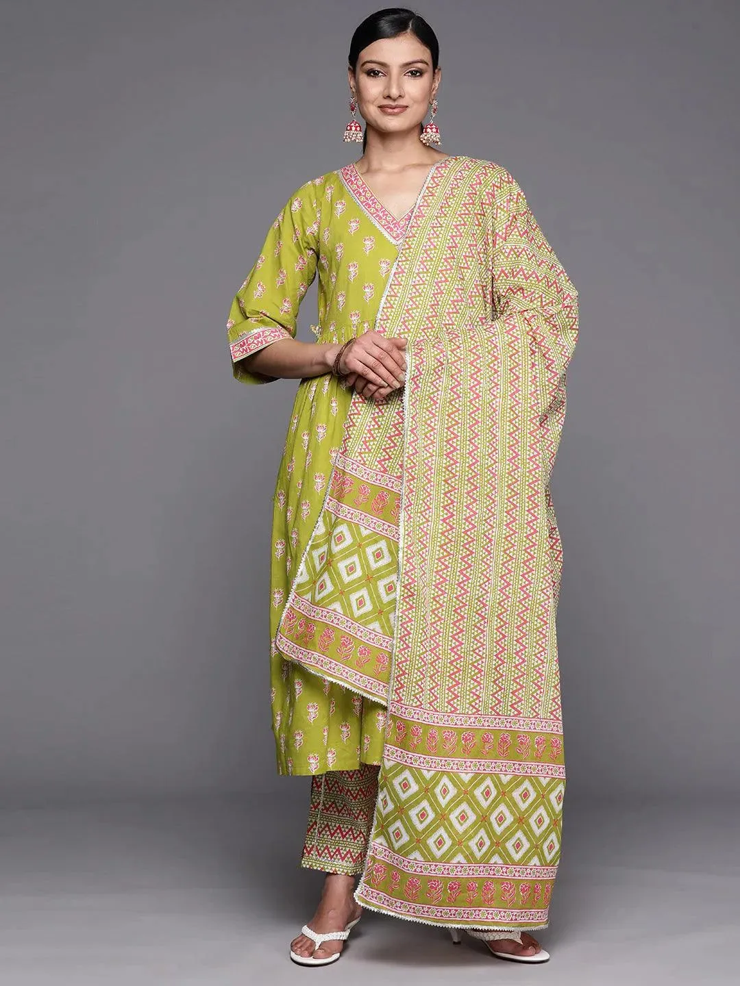 Green Printed Cotton A-Line Kurta With Trousers & Dupatta