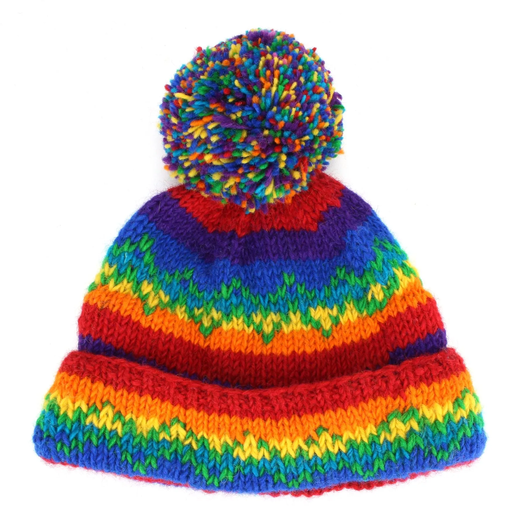 Hand Knitted Wool Beanie Bobble Hat - Stripe Rainbow Zig Zag