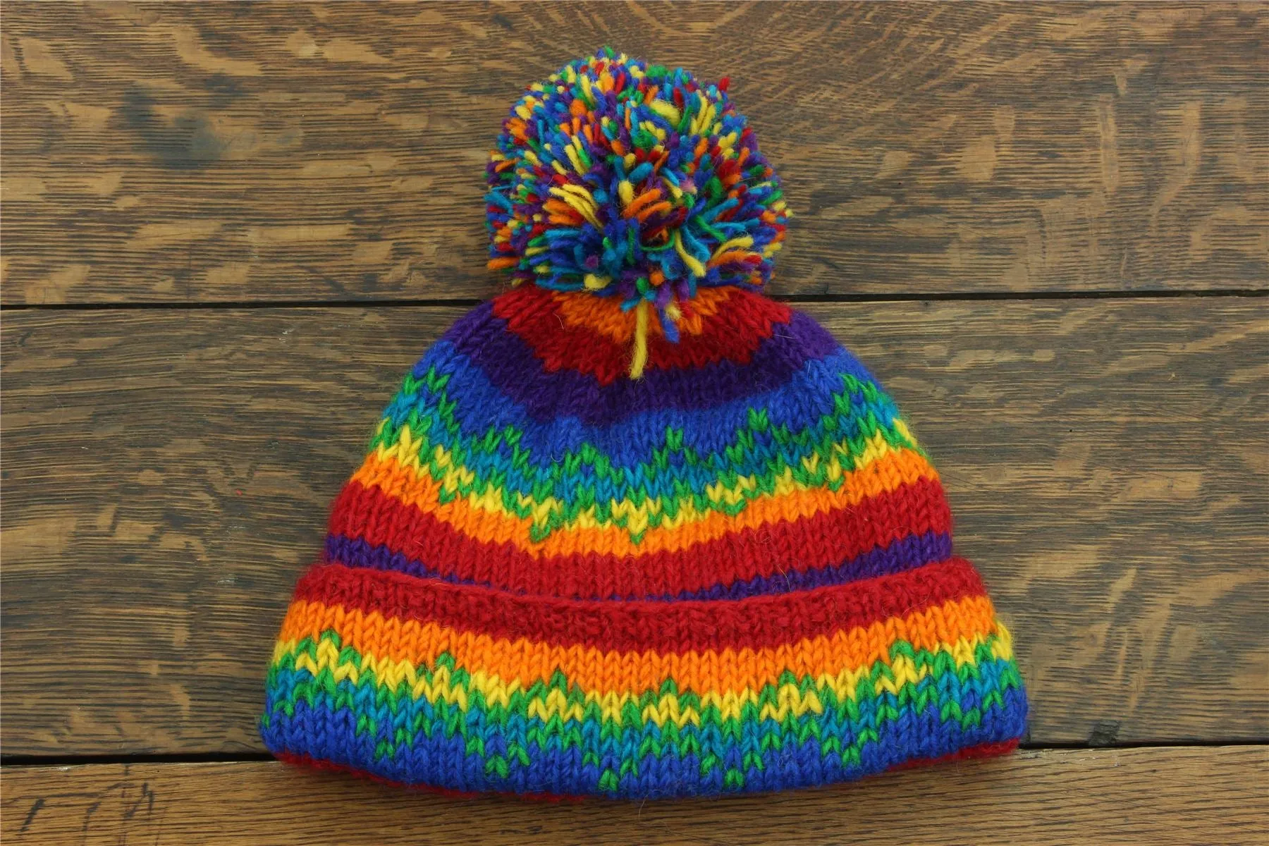 Hand Knitted Wool Beanie Bobble Hat - Stripe Rainbow Zig Zag