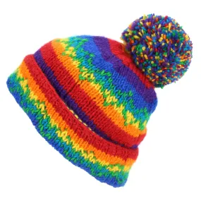 Hand Knitted Wool Beanie Bobble Hat - Stripe Rainbow Zig Zag