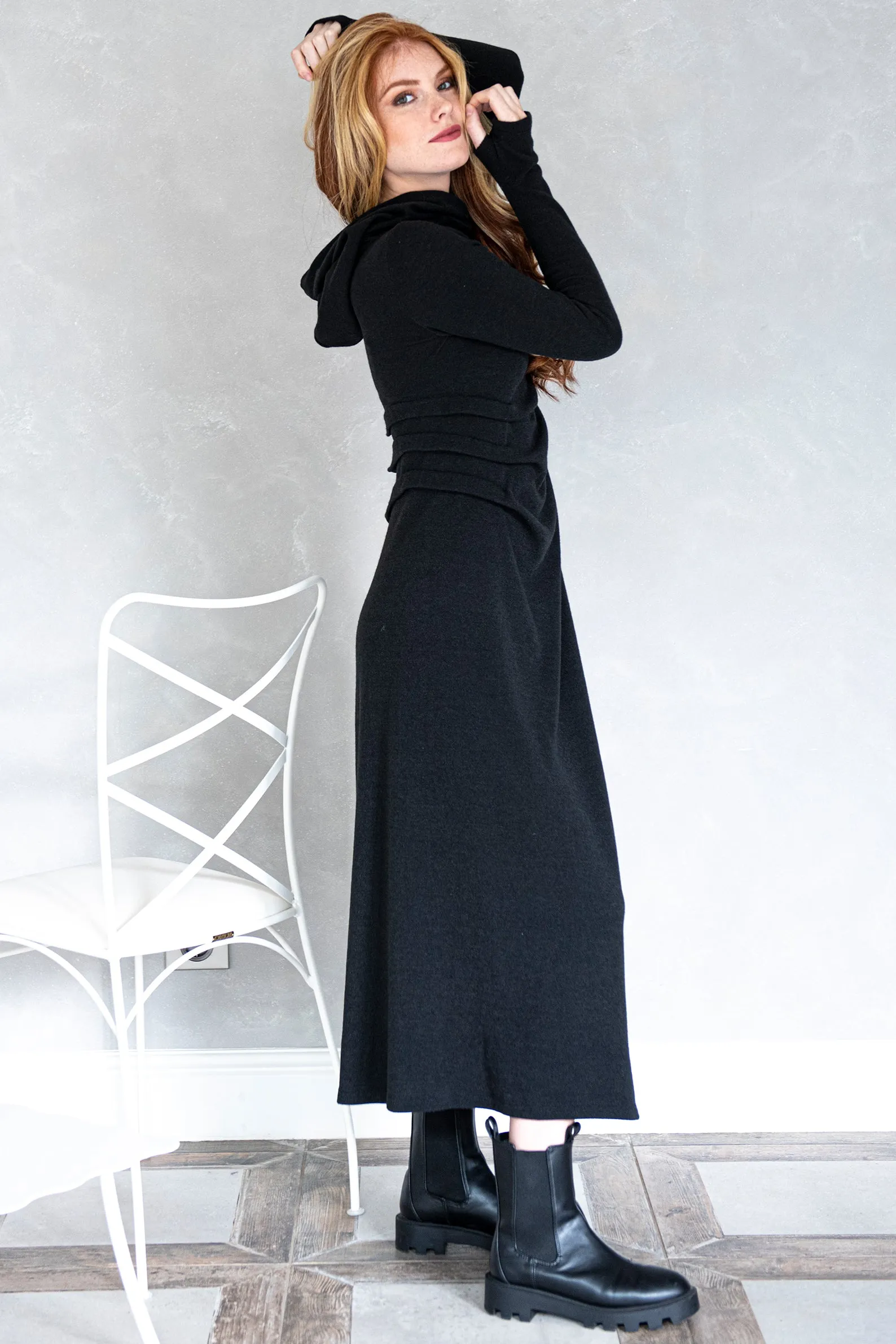 Hooded Knit Dress with Draping