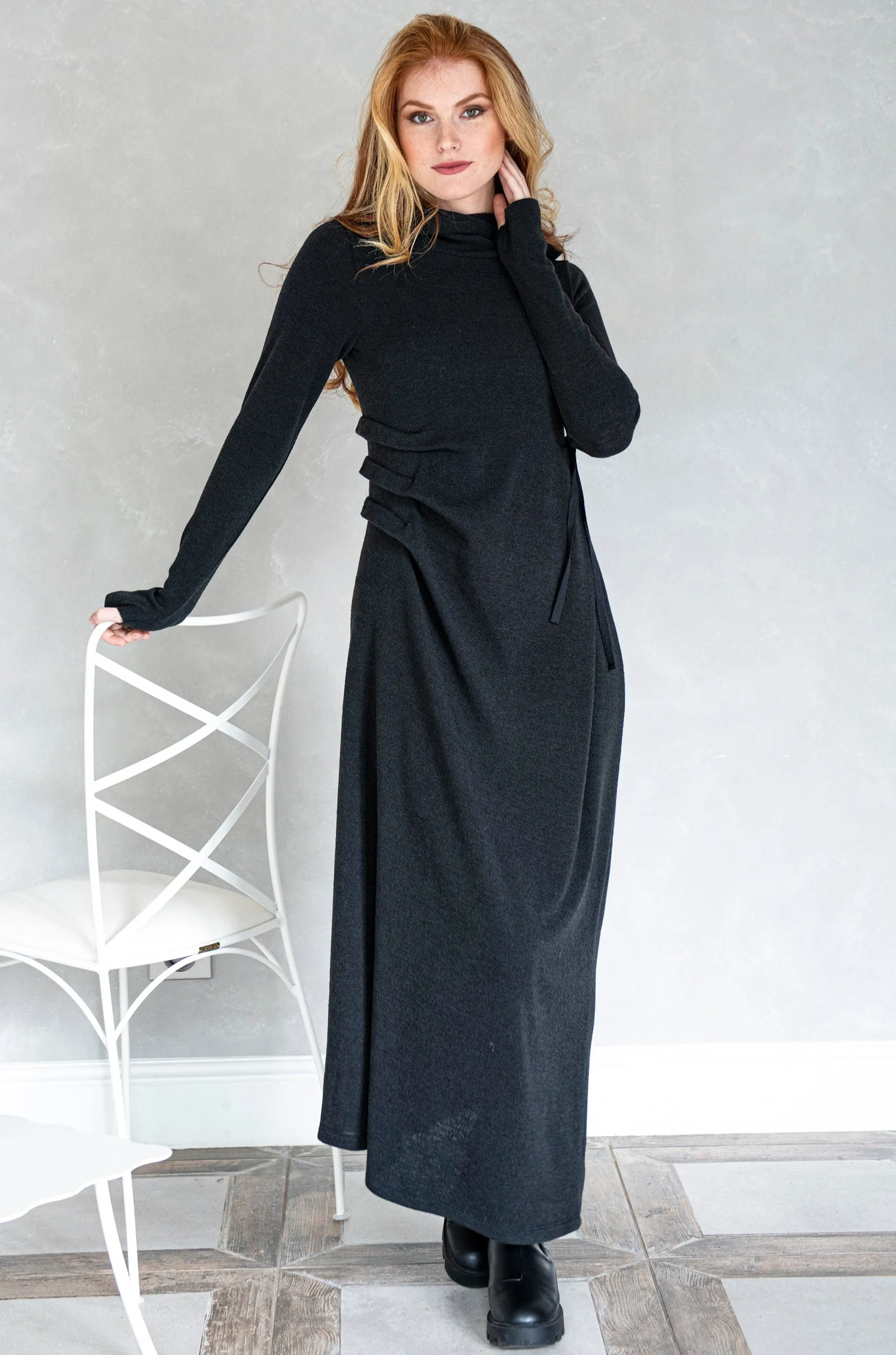 Hooded Knit Dress with Draping