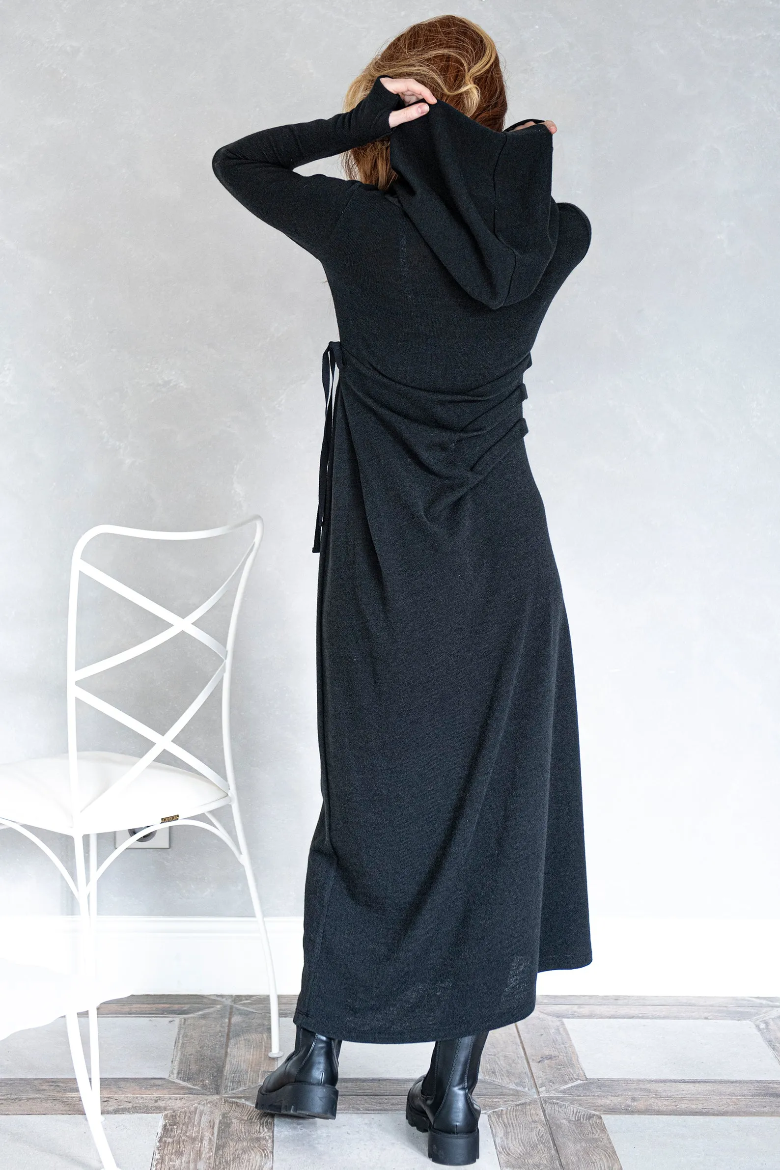 Hooded Knit Dress with Draping