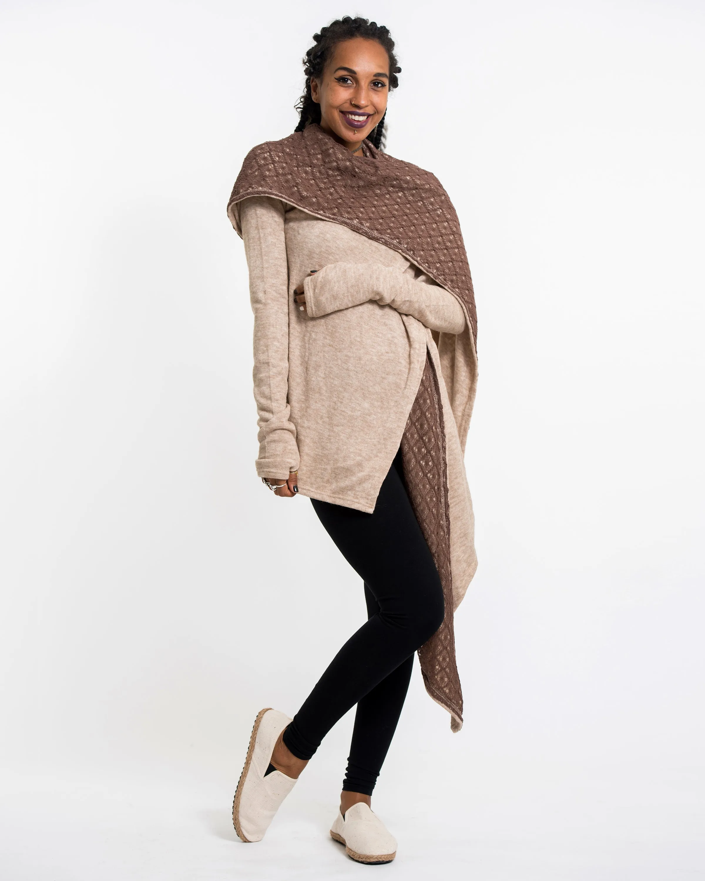 Hoodie Shawl Cardigan in Brown