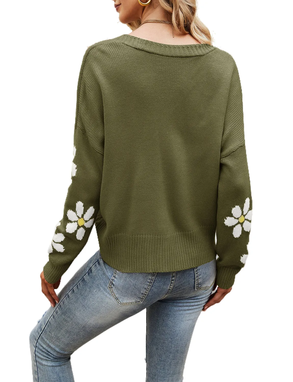 iB-iP Women's Loose Cozy Casual Long Sleeve Sweater Top Short Floral Cardigan