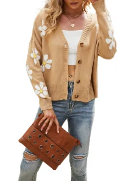 iB-iP Women's Loose Cozy Casual Long Sleeve Sweater Top Short Floral Cardigan